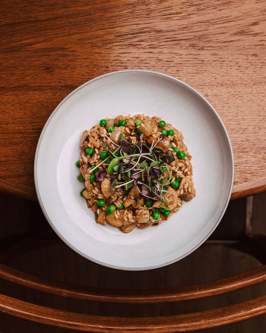 Mushroom & Pea Risotto with Micro Salad Spicy Mix