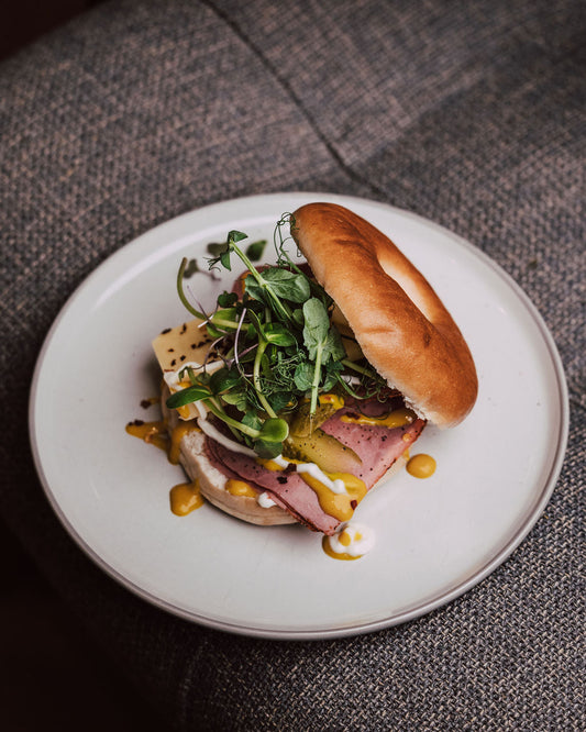 Pastrami and Cheese Bagel with Micro Salad Sweet Mix