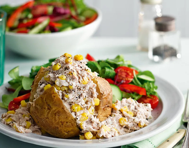 Tuna, Sweetcorn & Red Onion Crunch on a Baked Jacket Potato with Micro Salad Spicy Mix